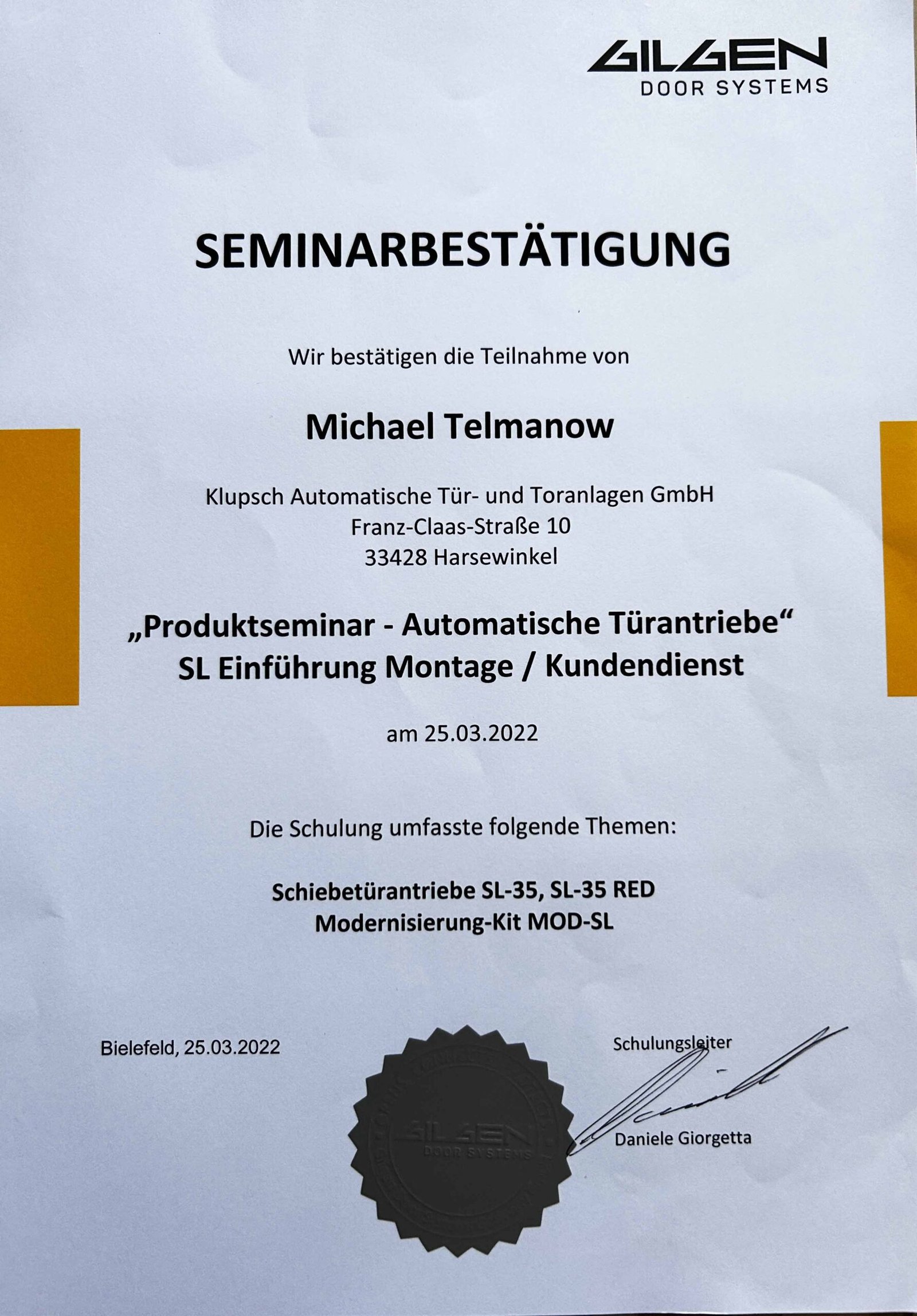 Gilgen Zertifikat Michael Telmanow