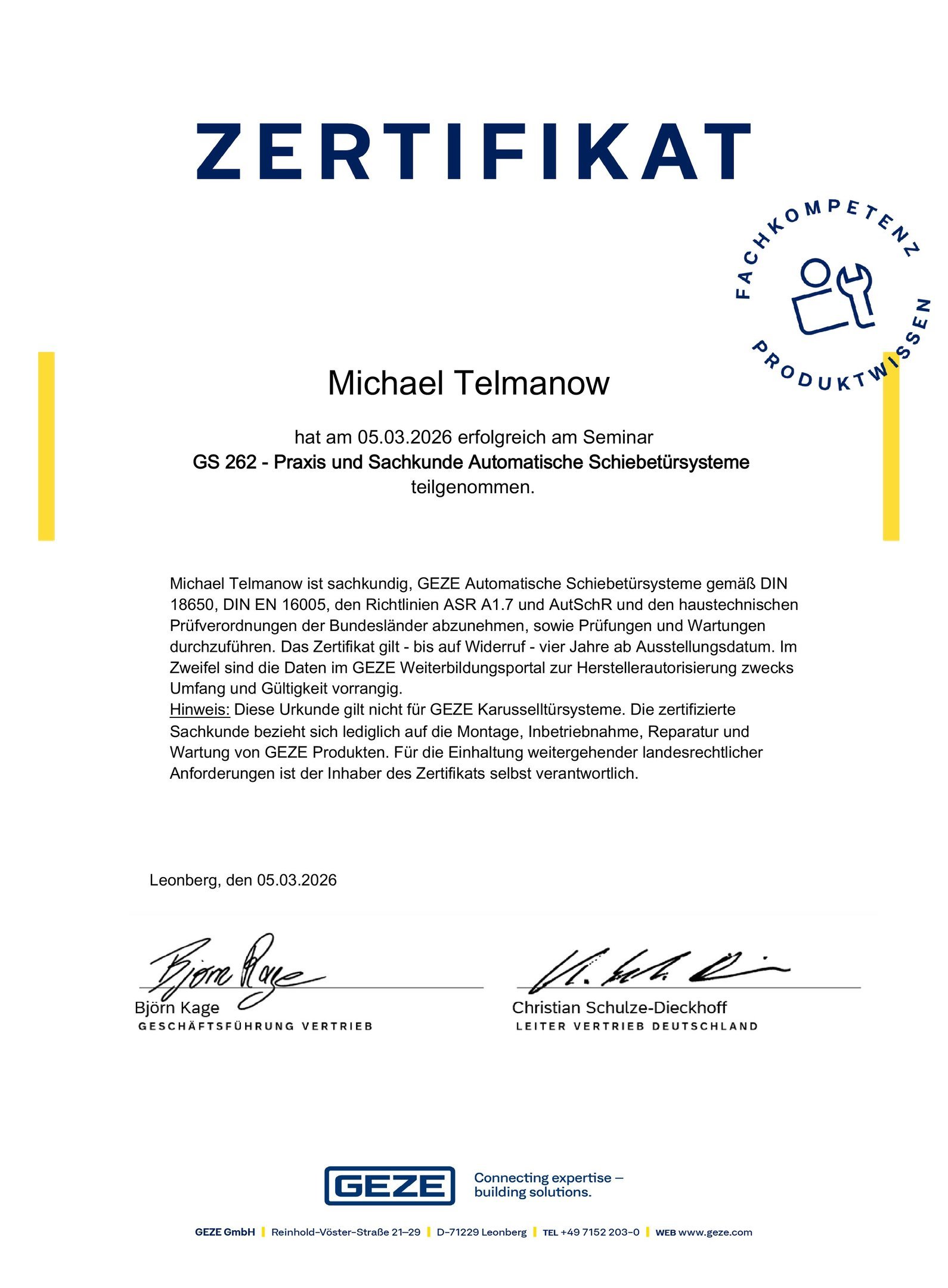 Geze Zertifikat Michael Telmanow
