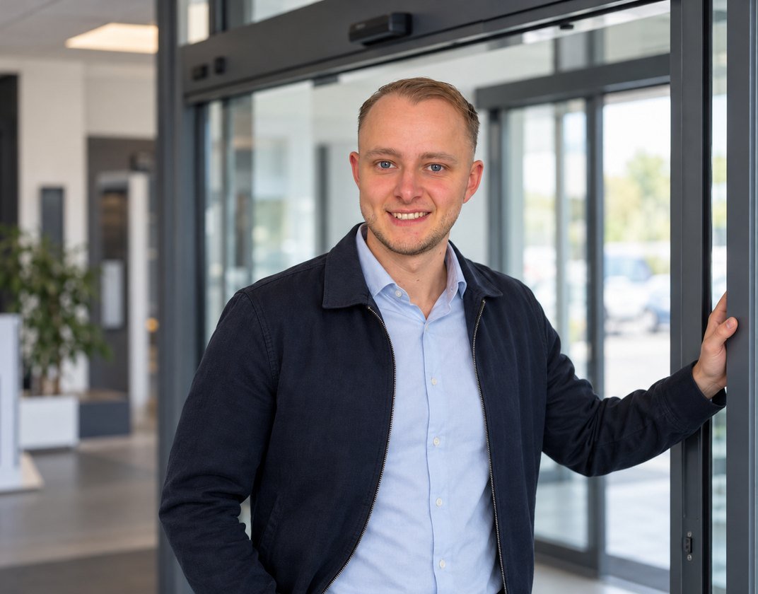 Michael Telmanow, Inhaber von Telmatic, an einer automatischen Schiebetür
